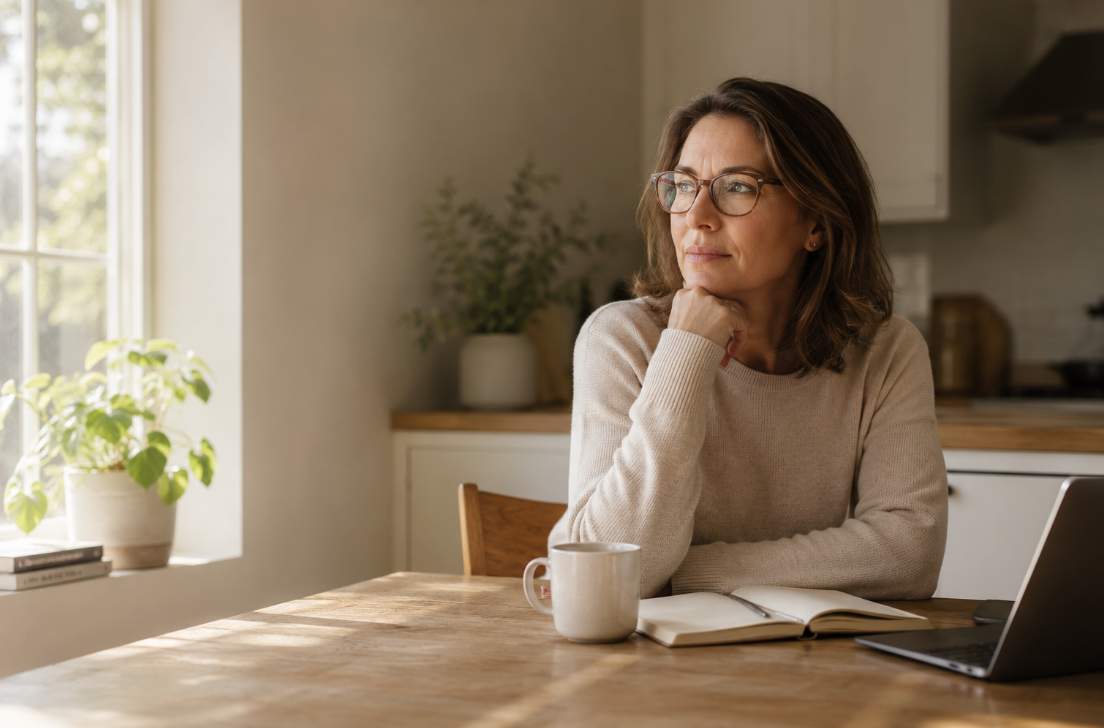 Woman with glasses sits at a sunlit kitchen table, resting her chin on her hand, with a mug, notebook, and laptop nearby.