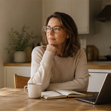 Thoughtful woman with glasses sits at a sunlit kitchen table, resting her chin on her hand after realizing she has brain fog and needs treatment.