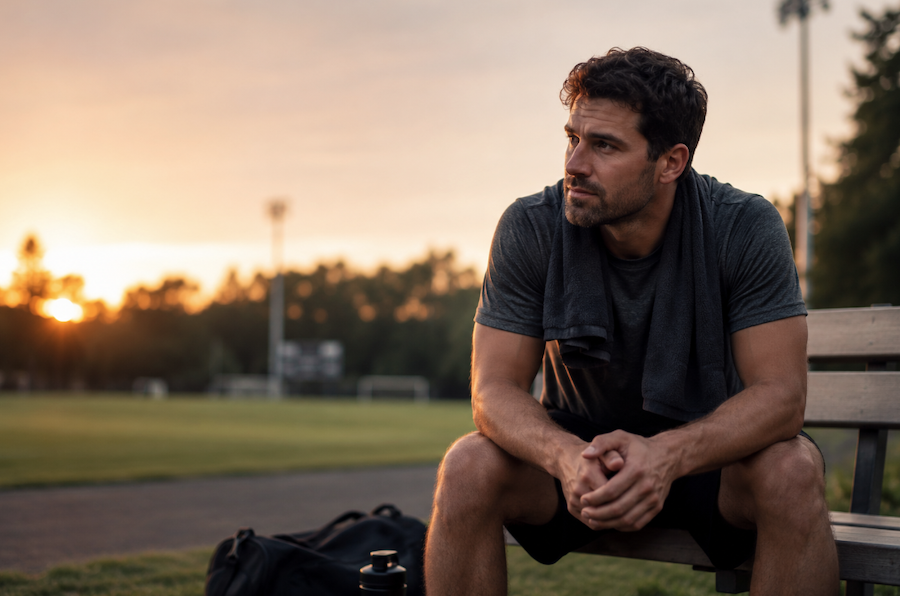 Football player thinking about his last concussion and considering sports treatment.