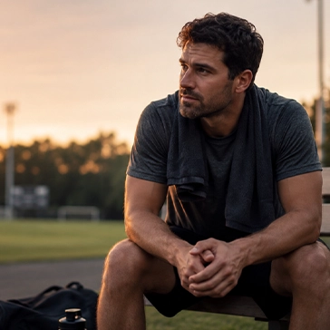 Football player thinking about his last concussion and considering sports treatment.