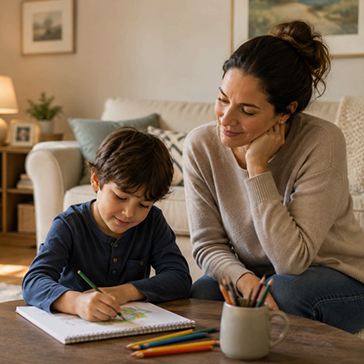 Child working with mother on school work.