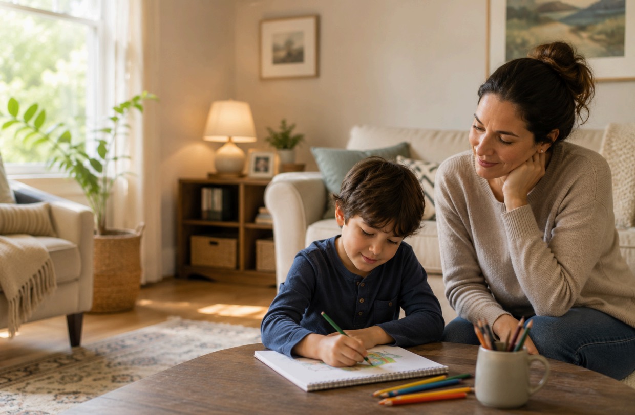 Child working with mother on school work.