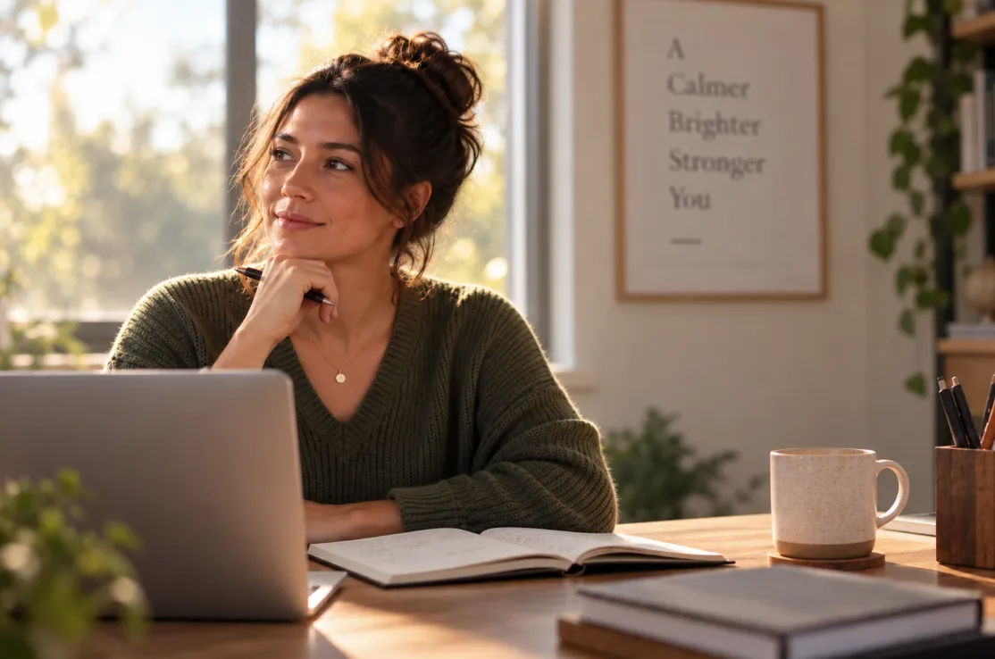 Woman sitting at desk who has ADHD researching non medication treatments.