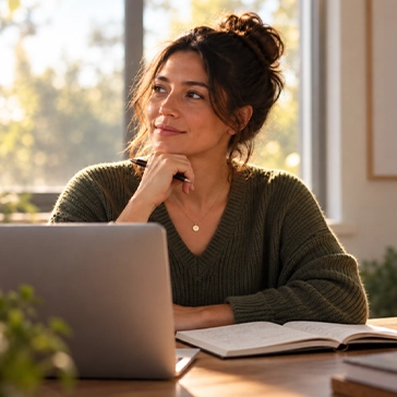 Woman sitting at desk who has ADHD researching non medication treatments.